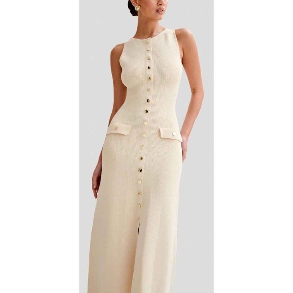 Women's Knit Maxi Dress Sleeveless Slim Fit Crew Neck Slit Bodycon Plus Size - Picture 4 of 6